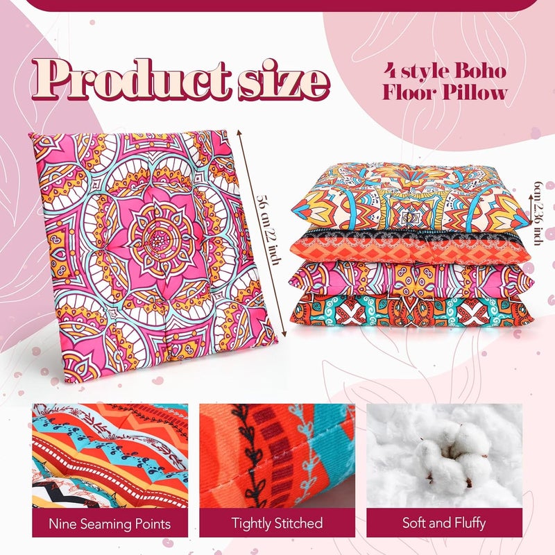 Nuogo 4 Pack Large 22 Inch Bohemian Floor Pillows Square Boho Floor Cushions Seating Pillows for Soft Yoga Meditation Pillow Mandala Pouf for Living Room Tatami Reading Nook(Exquisite) - Image 3